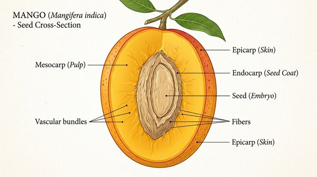 Detailed illustration of a mango seed crosssection anatomy