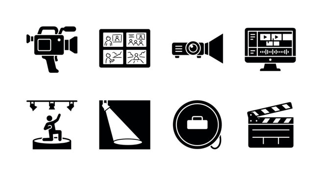 Creative Film Direction. Filled icon set of Creative Film Direction: handheld camera, storyboard sketches, movie projector beam, editing software screen, actor stage pose, dramatic lighting, film