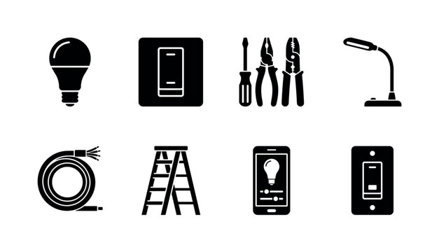 Home Lighting Systems. Filled icon set of Home Lighting Systems: ceiling light bulb, wall switch, electrician tools, LED lamp, wiring cable, ladder, smart light app, circuit breaker. Solid icons set.