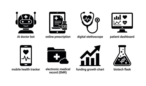 Health Tech Innovation. Filled icon set of Health Tech Innovation: AI doctor bot, online prescription, digital stethoscope, patient dashboard, mobile health tracker, electronic medical record, funding