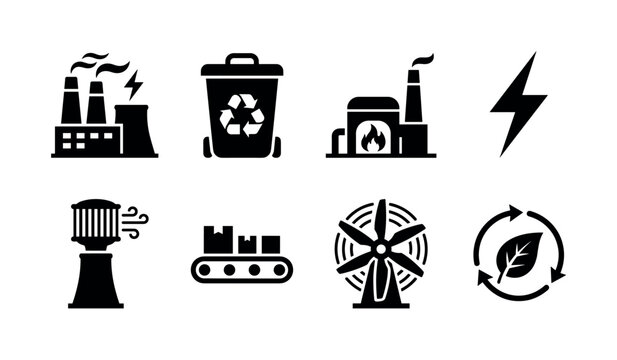Renewable Waste Energy. Filled icon set of renewable waste energy: biomass facility, garbage truck, renewable power grid, waste sorting station, compost reactor, energy storage battery, sustainable