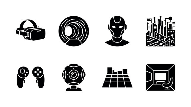 Metaverse Reality Experience. Filled icon set of Metaverse Reality Experience: virtual reality helmet, digital portal, AI assistant, cyber environment, wireless controllers, 360 degree camera, neon
