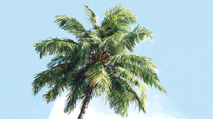 Fototapeta premium Tropical coconut palm tree against a clear blue sky, digital painting style illustration