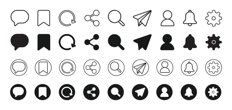 Essential web interface icon collection.Clean, modern toolbar buttons for online chat, notifications, messaging, and account configurations.