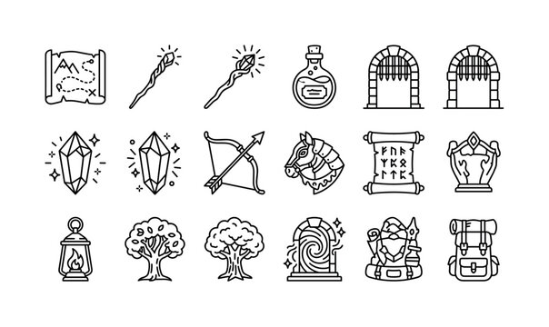 Fantasy adventure quests. Line outline icon set of Fantasy adventure quests: enchanted map, wizard staff, potion bottle, dungeon gate, magic crystal, bow and arrow, armored horse, ancient scroll,