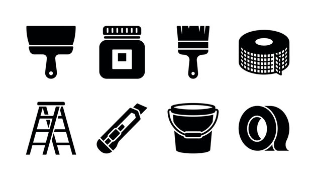 Home Renovation Tools. Filled icon set of Home Renovation Tools: putty scraper, wall putty jar, painter brush, drywall tape, ladder, utility blade, repair bucket, masking tape. Solid icons set. All