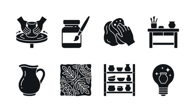 Pottery Workshop. Filled icon set of pottery workshop: spinning pottery wheel, paint glaze jar, clay shaping sponge, artisan table, ceramic pitcher, textured clay pattern, pottery shelf, creative