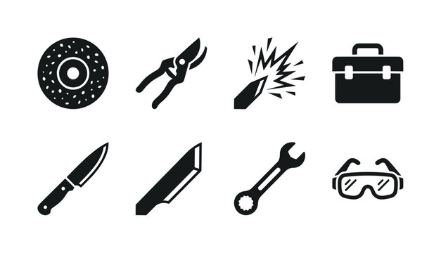 Tool Sharpening Workshop. Filled icon set of Tool Sharpening Workshop: grinding stone, hand pruner, sharpening sparks, toolbox, gardening knife, metal blade edge, wrench tool, protective goggles.