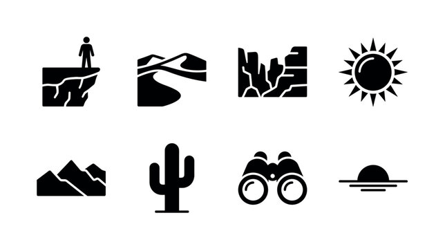 Desert Cliff Landscape. Filled icon set of desert cliff landscape: person silhouette on cliff, vast desert dunes, canyon rocks, blazing sun, distant mountains, dry cactus, binoculars, horizon line.