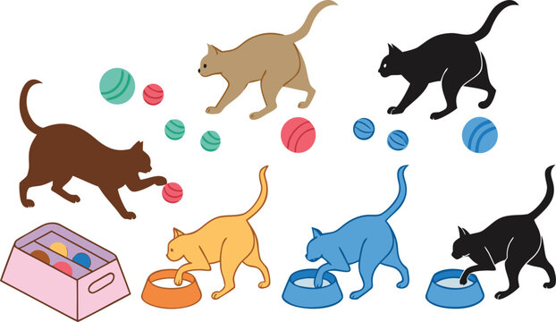 Cute cartoon cat vector illustration set featuring domestic felines playing with yarn balls eating from bowls and reaching for toysCute cartoon cat vector illustration set featuring domestic felines p