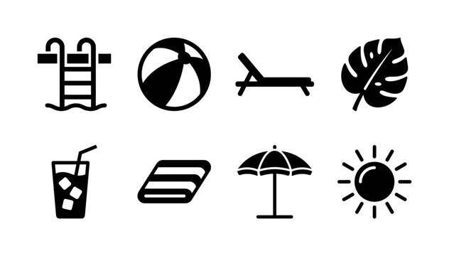 Summer Poolside Retreat. Filled icon set of Summer Poolside Retreat: swimming pool ladder, beach ball, reclining chair, tropical leaf, refreshing drink, striped towel, poolside umbrella, sun icon.
