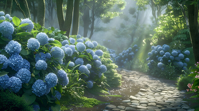 Sunlit forest path with blooming blue hydrangeas and cobblestone trail