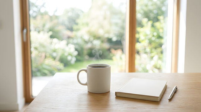 Steaming White Ceramic Coffee Mug Next to a Blank Notebook and Pen on Light Wood Desk with a Bright Sunny Blurred Garden Window Background, Morning Routine Productivity Remote Work Space
