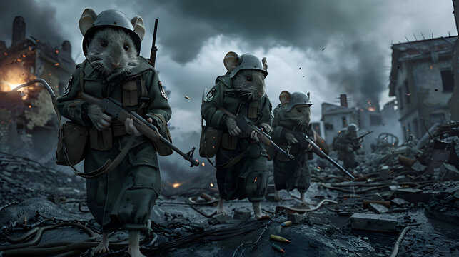 Anthropomorphic mice soldiers in war-torn landscape under stormy skies