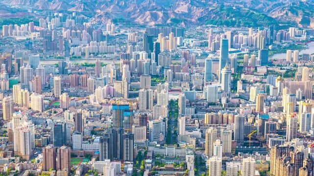 Aerial panorama of Lanzhou skyline with Yellow River and mountains, Gansu China in Lanzhou, Gansu, China