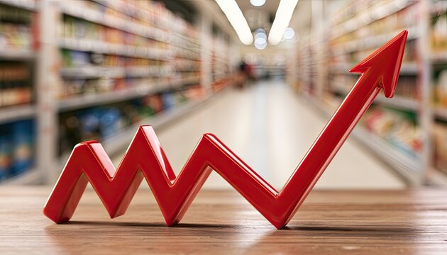 Red upward trending graph overlaying a blurred grocery store aisle