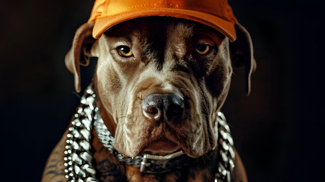 Serious pitbull wearing an orange cap and chain necklace in studio portrait