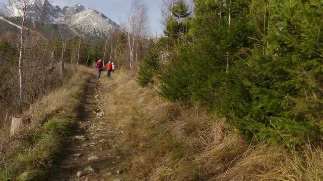 Two little sisters and their mother walk during a strong wind in the autumn forest in the background is Lomnicky stit, High Tatras, Slovakia.