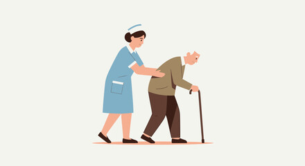 Fototapeta premium Nurse assisting elderly man with cane, healthcare, support, and caregiving concept