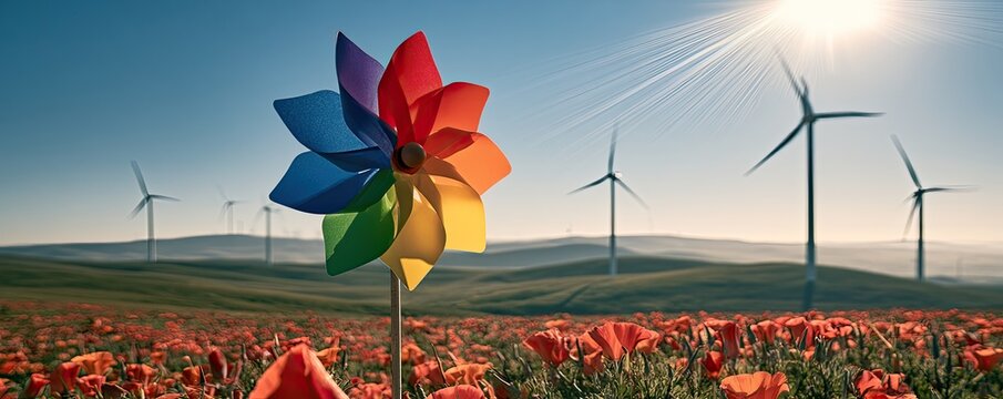 Colorful pinwheel stands in field of red flowers before wind turbines