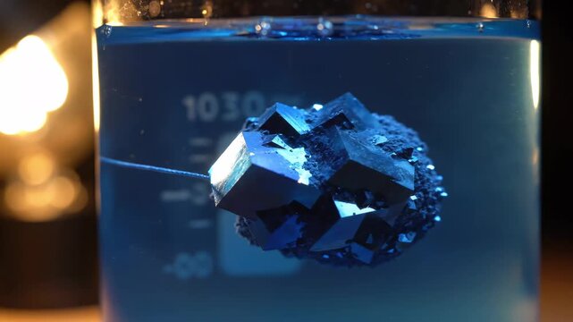 A stunning view of a crystal-like object gracefully floating in deep blue liquid, surrounded by soft illumination that highlights intricate patterns and creates a serene atmosphere.