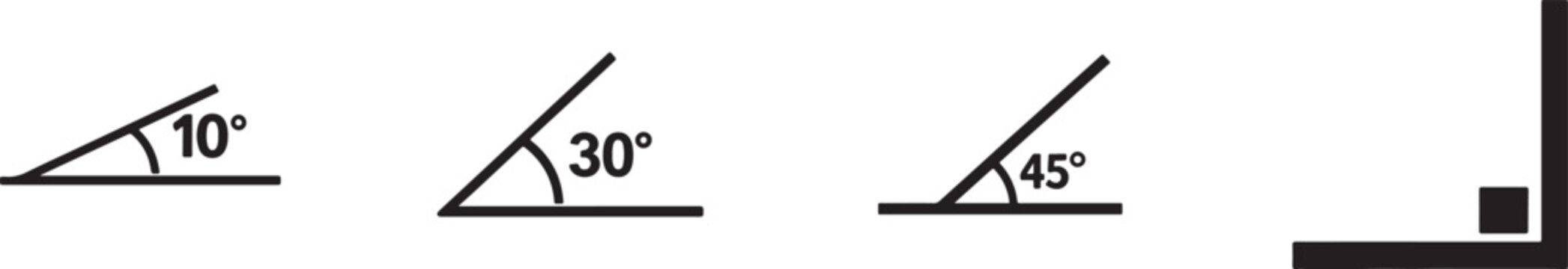 Angle icons set with degree measurements. Vector and transparent PNG symbols for geometry use.