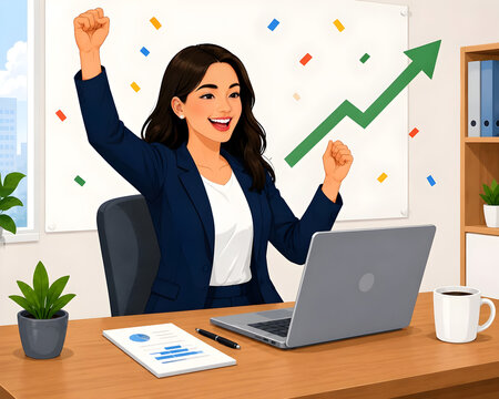 Successful Business Woman Celebrating Financial Growth and Career Achievement in Modern Office