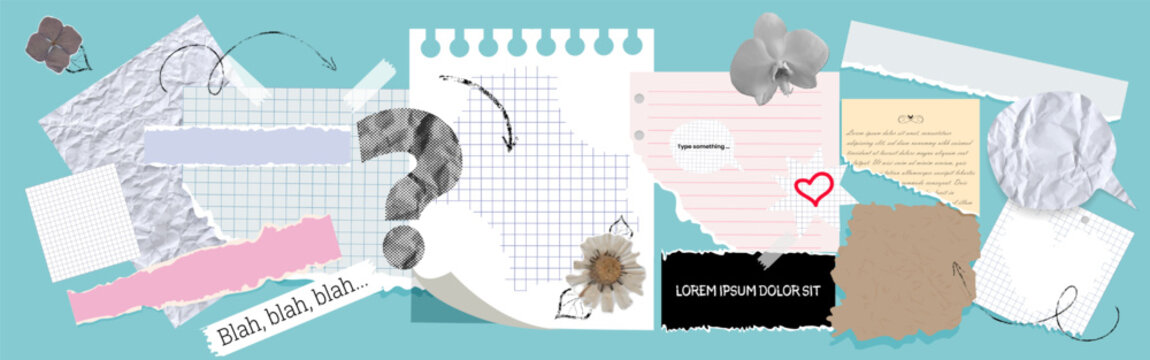 Scrapbook funky collage composition featuring torn paper pieces, crumpled paper textures, grid notebook paper, speech bubbles, arrows, decorative elements in vintage scrapbook style for y2k banners