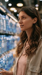 Fototapeta premium Consumer selecting bottled water in a supermarket aisle. Grocery shopping, hydration, retail choice and healthy lifestyle concept.