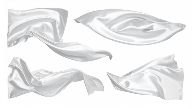 Four flowing, draped swathes of lustrous white fabric against a white background