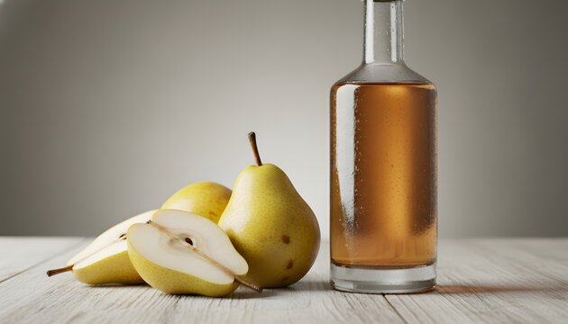 A glass bottle of schnapps with fruit next to fresh yellow pears on a wooden table, representing a traditional organic distillation concept in a bright studio setting