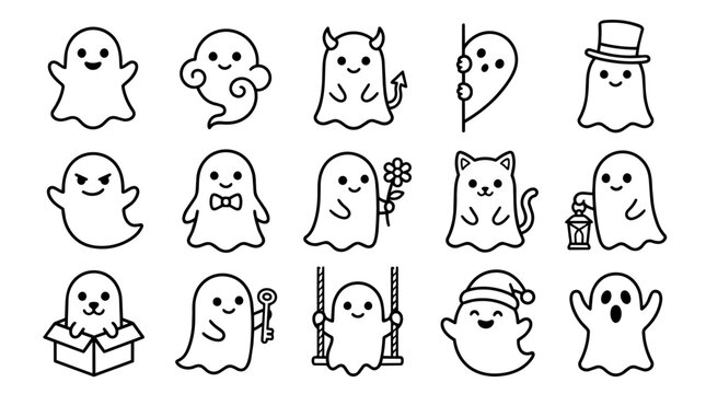 Sweet cartoon ghosts in various poses and moods