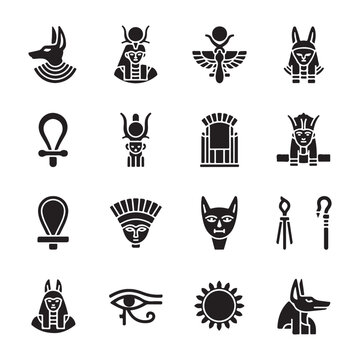 Ancient Egyptian Hieroglyphs and Symbols with Deities and Artifacts Featuring Anubis, Isis, Horus with Thoth and Osiris Elements for Hathor, Bastet