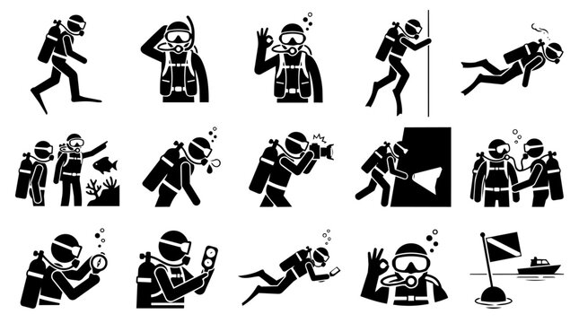 Scuba Divers Engaged in Various Activities Icon Set