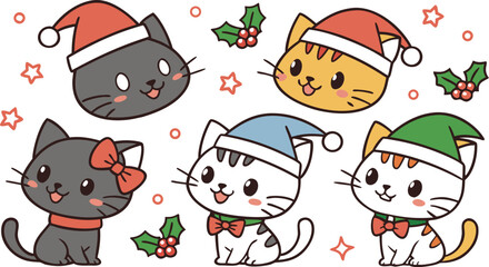 Cute Christmas cat characters set wearing colorful Santa hats and festive red bows with holly berry holiday elements vector illustration assetCute Christmas cat characters set wearing colorful Santa h © MdAnowar
