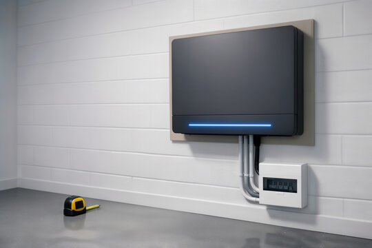 Wall mounted home battery storage and electrical panel with a tape measure. Space for text.