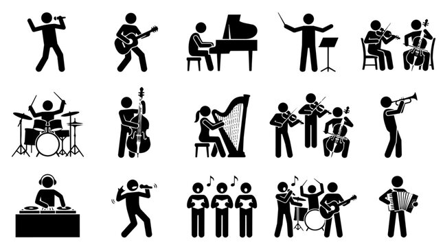 Musical performers stick figure icon set