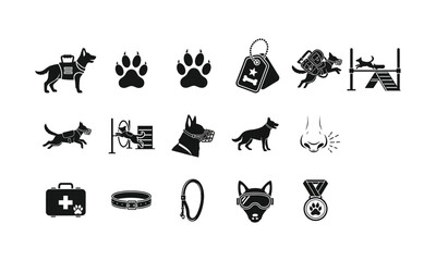 Obraz premium Silhouette of dog training and equipment icons in black on white background