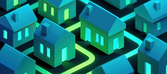 Fototapeta premium Minimal houses with glowing path lines in abstract route visualization