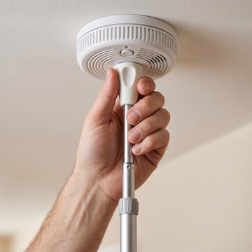 Man using extension pole to press test button on smoke detector mounted on ceiling. Fire safety equipment maintenance at home. Preventive tool for building security and protection.
