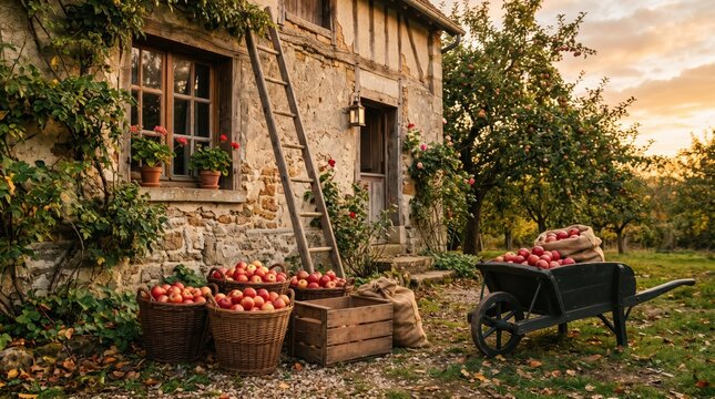 Crates and wicker baskets of red apples beside a stone cottage with ladder and wheelbarrow at dusk, rustic orchard harvest with sacks and autumn tones backdrop