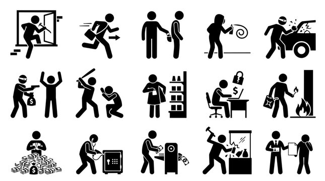 Set of icons depicting crime and illegal activities