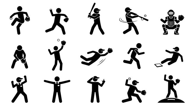 Baseball players in action pictogram set