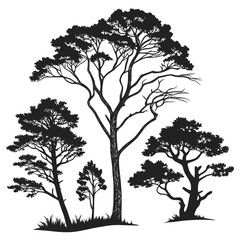 Obraz premium Collection of black tree silhouettes in ink style on white background with silhouette woodland illustration landscape isolated environment