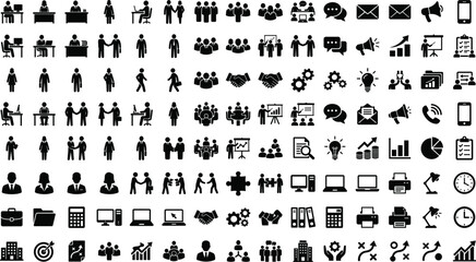 Obraz premium Business and office management glyph icons mega set containing people silhouette communication teamwork finance marketing and corporate signs isolated on white background