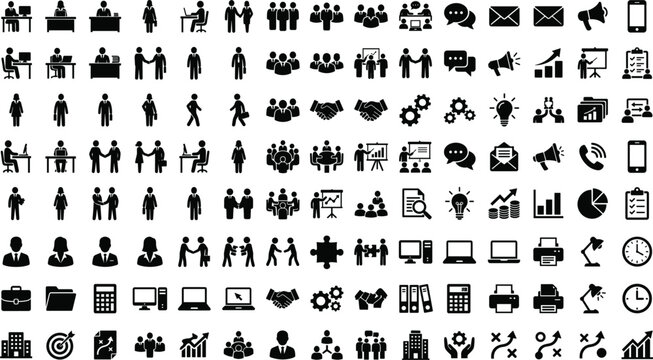 Business and office management glyph icons mega set containing people silhouette communication teamwork finance marketing and corporate signs isolated on white background