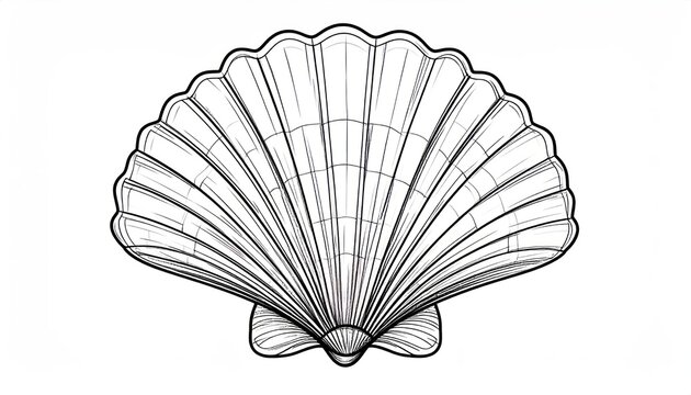 Detailed fan-shaped scallop seashell drawing in black and white.