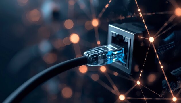 Ethernet cable plugged into network port with abstract digital data connection background
