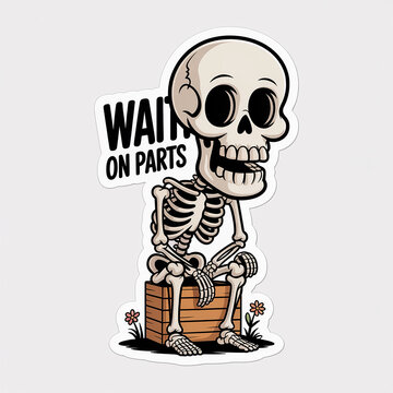 Cartoon skeleton sitting on wooden box with wait on parts sign transparent background
