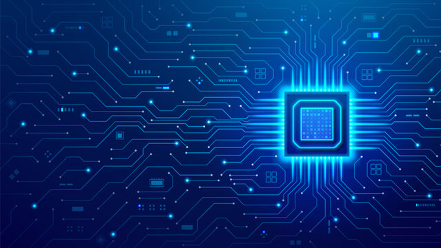 Glowing CPU on concept motherboard. Circuit lines radiate around CPU. Futuristic backdrop with circuit luminous traces. Vector tech visual for computing concept, digital branding or presentation.